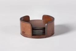 MANHATTAN, Coaster, Round, Brown Leather, Set Of 6